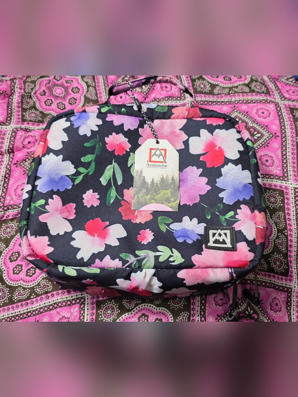 Avalanche Floral Black Multi Hanging Cosmetic Bag 9x8x3"